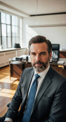 Confident businessman in formal suit sitting in modern office, professional executive leadership, corporate success, workplace environment, business strategy, entrepreneurship, management