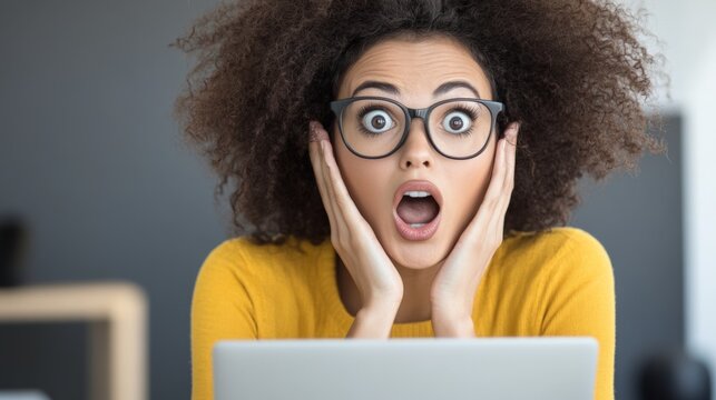 Surprised woman with curly hair and glasses looking at a laptop screen with a shocked expression