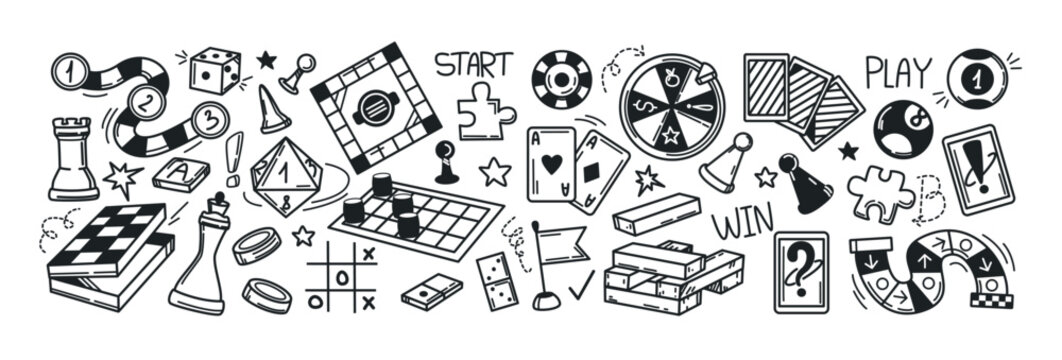 Board games doodles set. Hand drawn vector illustration sketch icons of cards, dice and pawns. Checkers, roulette, poker, domino, lotto, billiards and other gambling symbols. Family leisure concept