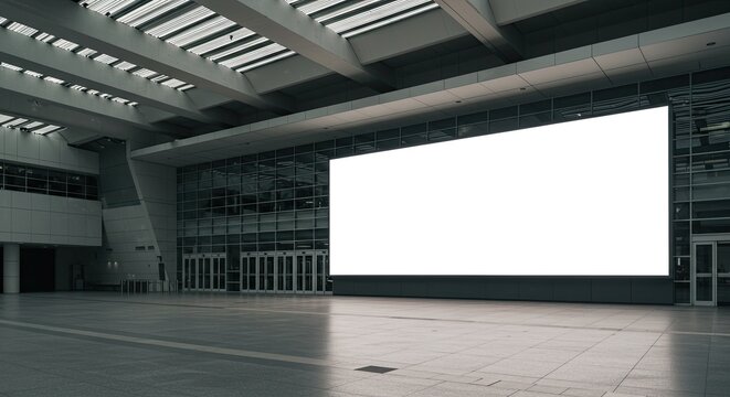 Modern architectural interior with blank billboard in a spacious exhibition hall - Powered by Adobe