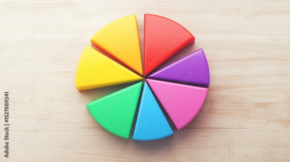 Poster A flat lay of a colorful D pie chart on a light wooden table, illustrating the breakdown of financial data with labels on each segment for easy interpretation.