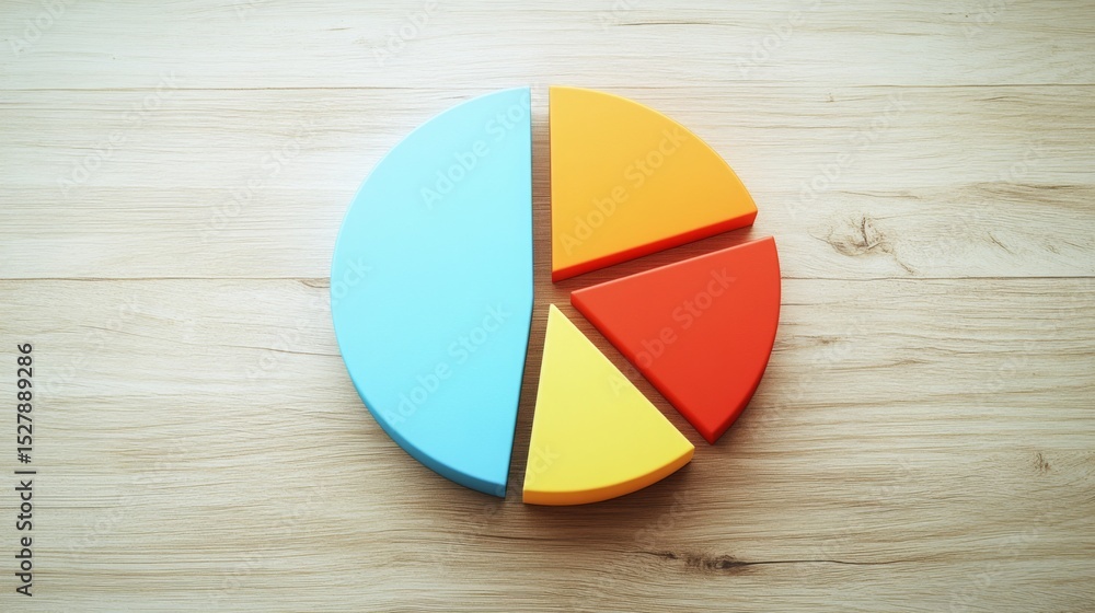 Aufkleber A flat lay of a colorful D pie chart on a light wooden table, illustrating the breakdown of financial data with labels on each segment for easy interpretation.