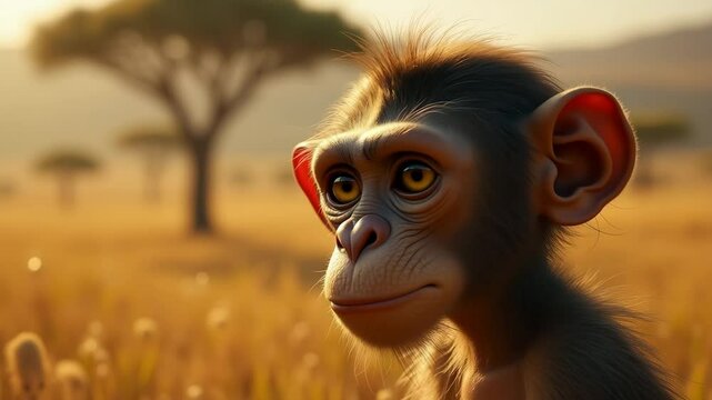 Close-up shot of prehistoric primate with detailed facial features. 
