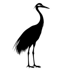 the black silhouette of a crane or heron with a long neck and legs bird, black, crane, heron, icon, illustration, leg, long, neck, silhouette, stand , Generative art.