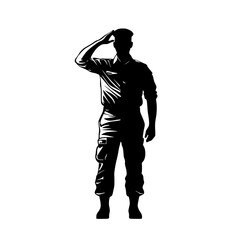 a black and white silhouette of a soldier playing golf with his hand on his head ball, black, golf, golfer, hand, head, man, play, point, silhouette, soldier, stand , Generative art.