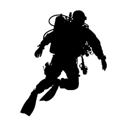 a black and white silhouette of a scuba diver black, diver, man, scuba diver, silhouette, water , Generative art.