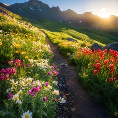 Stunning mountain landscape adorned with vibrant flowers in full bloom under a clear blue sky