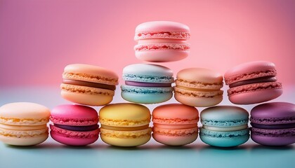 Obraz premium バランスよく配置されたマカロン、カラフルなグラデーション、デスクトップ画像、スタイリッシュな背景画像 Generated by AI