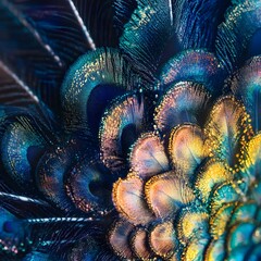 A breathtaking collection of vibrantly colored peacock feathers displaying stunning patterns and hues