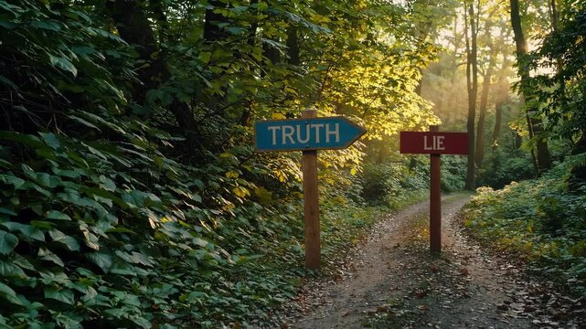 Forest path with two diverging road signs marked ‘Truth’ and ‘Lie’ under soft sunrise light in quiet woodland – decision metaphor and life choices symbolism