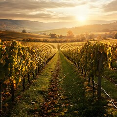 Beautiful vineyard in autumn with colorful foliage and ripening grapes set against a scenic view