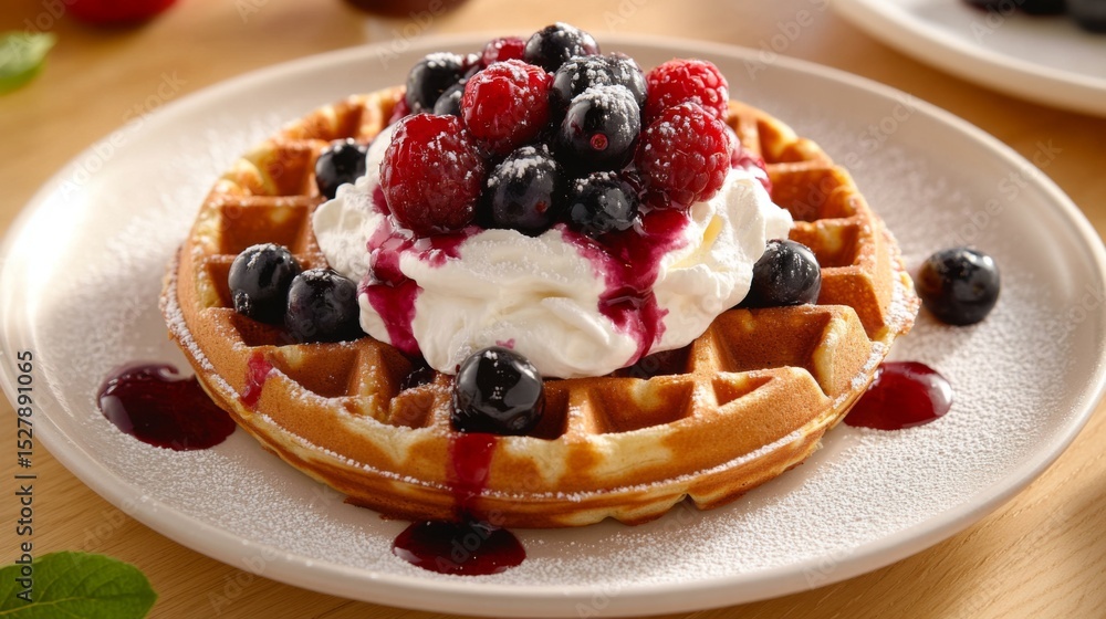 Poster a freshly baked waffle topped with a generous layer of whipped cream, drizzled with berry sauce, pla