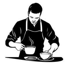 a black and white illustration of a man in an apron stirring a cup of coffee or tea apron, black, coffee, coffee cup, cup, drink, food, illustration, man, stir, tea , Generative art.
