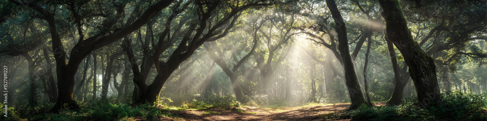 Poster sunlight shining through the trees in a dense forest illuminating the path in the distance beautiful