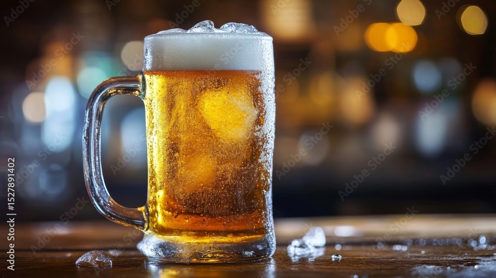 Poster a frosty mug of beer filled with ice, placed on a wooden table with a blurred bar background