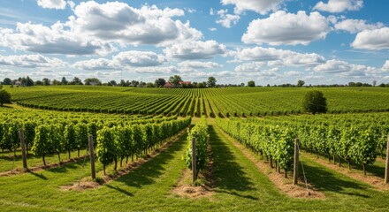 Sunny Vineyard Landscape in Summer - Picturesque vineyard rows under a vibrant blue sky with fluffy white clouds. Symbolizing nature, growth, harvest, tranquility, and abundance