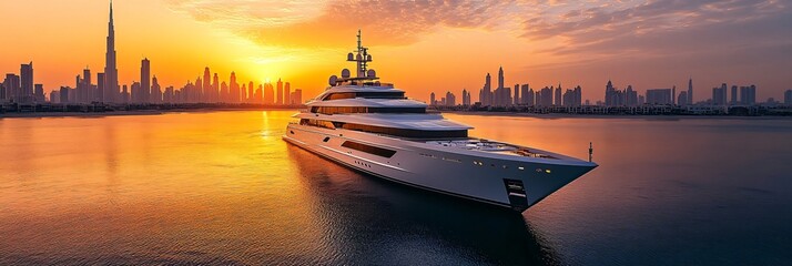 Luxury Yacht Sailing at Sunset on Dubai Background