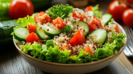 Healthy quinoa vegetable salad featuring fresh cherry tomatoes, cucumber slices, lettuce, and parsley. Perfect for a vegan lunch, clean eating, or summer detox meal ideas.

