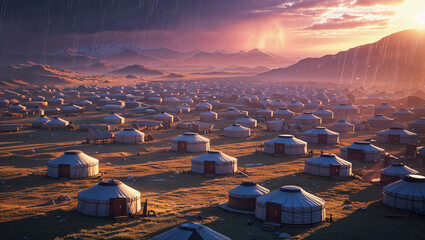 Scenic aerial view of a nomadic mongolian yurt settlement under dramatic sunset.