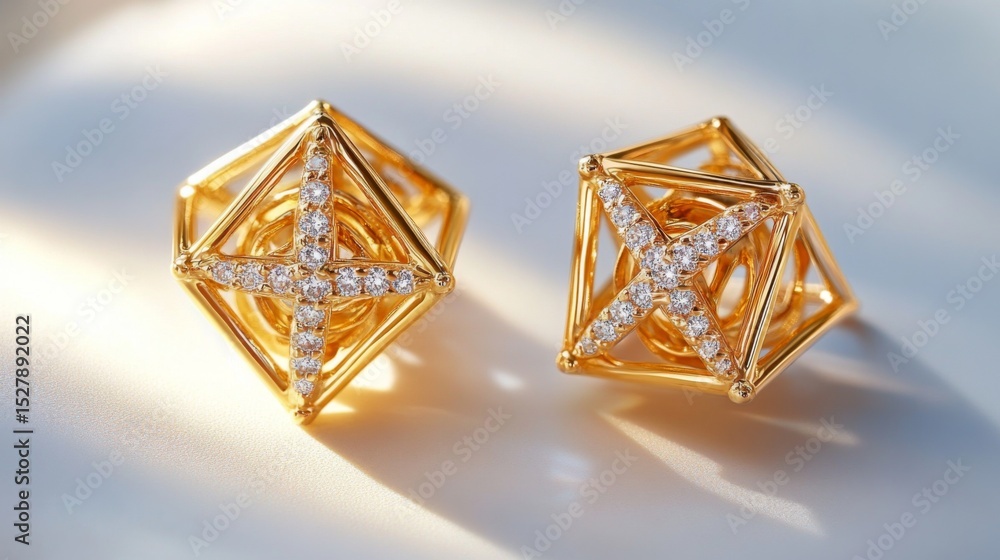 Poster a glamorous pair of diamond ear studs featuring a unique geometric design, positioned on a smooth wh