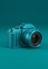 Teal Studio Camera On Teal Background - A teal-colored camera sits on a matching teal background. It symbolizes creativity, technology, , artistry, and precision