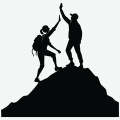 Two people high-fiving on a mountaintop silhouette design vector art and illustration