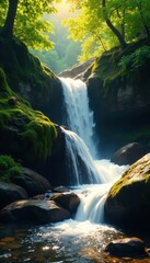 Sunlit cascade tumbles over moss-covered rocks , natural, outdoor, forest