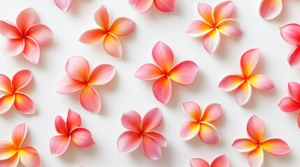 Fototapeta premium Top-down view of tropical plumeria flowers arranged neatly on white background