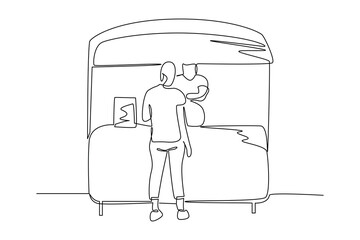 Continuous one line drawing of food court shoppers and customers. Food corner minimalist concept. Food and drink.