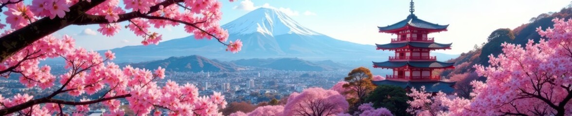 Stunning Fuji vista; Chureito Pagoda amidst blooming sakura , iconic landmark, iconic