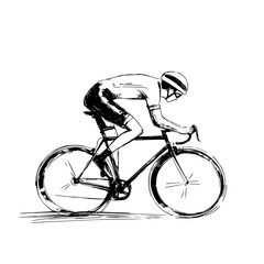 a black and white drawing or sketch of a person in a helmet riding a bicycle bicycle, bike, black, cyclist, drawing, helmet, illustration, man, person, ride, sketch , Generative art.