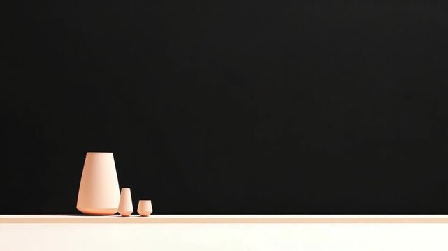 Minimalist display of terracotta vases on a sleek shelf against a dark backdrop