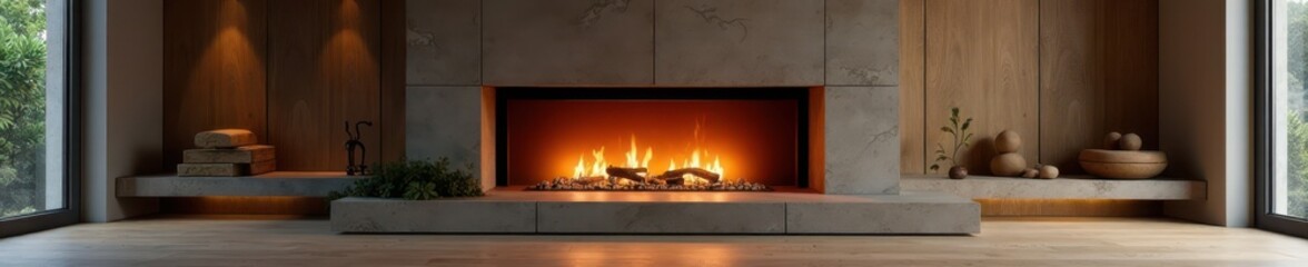 Modern fireplace with minimalist decor, warm light , design, interior design