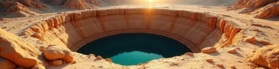 Large sinkhole in rocky Middle Eastern terrain, sunlight, stone, erosion