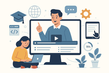 Online education concept. Student learning coding watching video lesson. E-learning platform with teacher. Webinar for distance learning, skill development, online course, graduation.