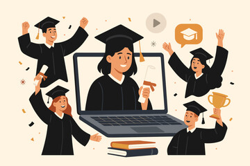Obraz premium Virtual graduation ceremony concept. Online education party with happy students in academic caps celebrating with diplomas on laptop screen. University degree vector illustration.