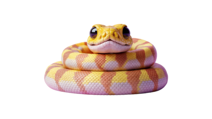 Coiled reptile with yellow and orange scales staring at the camera on transparent background