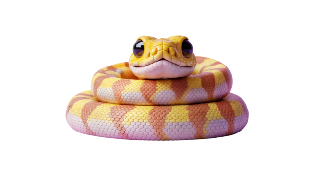 Coiled reptile with yellow and orange scales staring at the camera on transparent background