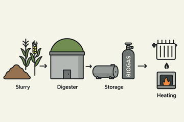 Biogas production process. Renewable energy scheme. Green power from biomass. Anaerobic digestion infographic. Slurry. Manure. Digester. Methane gas storage. Biofuel for heating.