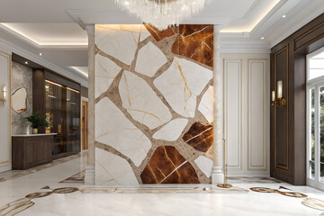Opulent modern interior with a floor-to-ceiling brecciated marble accent wall featuring large brown and white stone fragments and golden veins generative ai