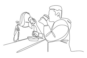 Continuous one line drawing of couple drink and eat the food in front of food court. Food corner minimalist concept. Food and drink.