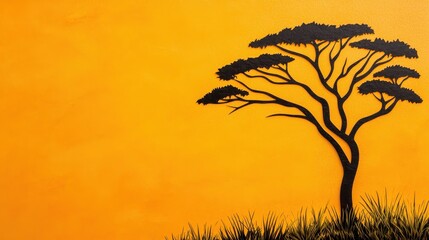Black Acacia Tree Silhouette Against Vibrant Orange Sunset