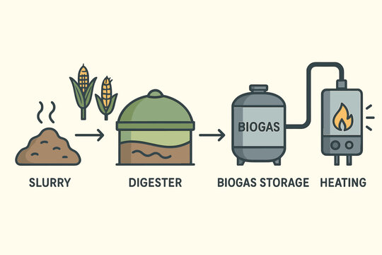 Biogas production process infographic. Diagram of renewable energy generation from biomass. Sustainable, eco-friendly technology using an anaerobic digester, slurry, corn for fuel.