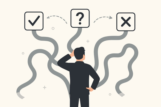 Businessman choosing a direction. Decision making process, strategy and career path concept. Confused man at a crossroads with tangled pathways. Yes, no, question mark icons.