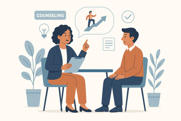 Fototapeta premium Career counseling and guidance illustration. Business coach or mentor helping a client with professional growth. Job consultation, human resources, and strategy for success vector.