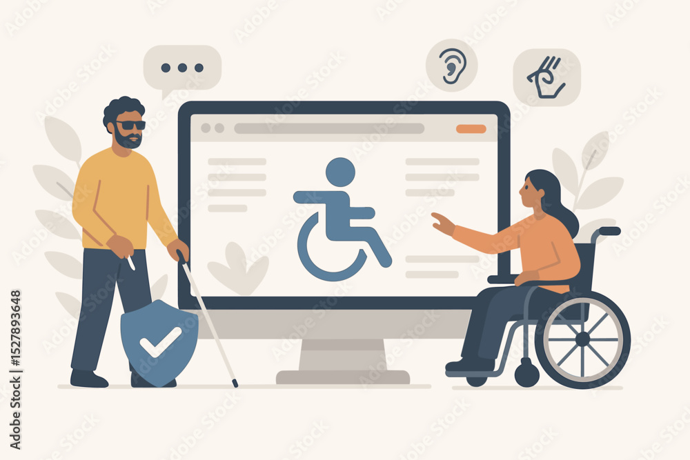 Poster web accessibility concept. inclusive user experience for people with disabilities. blind man and wom