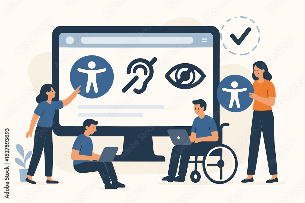 Poster web accessibility concept. inclusive user interface design for people with disability. person in whe