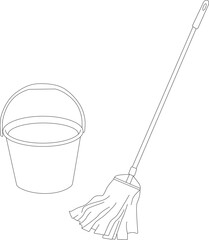 illustration of a broom and bucket which are house cleaning tools, and this image is ready to be colored