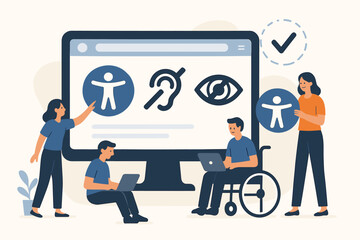 Web accessibility concept. Inclusive user interface design for people with disability. Person in wheelchair. Hearing, vision, physical impairment icons on screen. UX for inclusion.