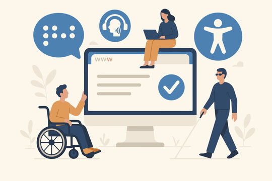 Web accessibility concept illustration. Inclusive user experience for people with disabilities. Digital inclusion with braille, screen reader, and universal access symbols. Vector.